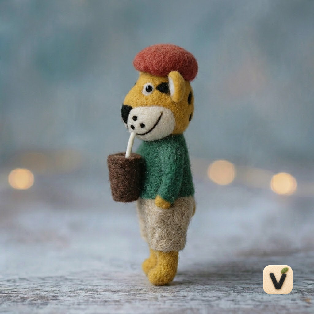 Handcrafted Wool Felt Coffee-Loving Tiger Ornament - Cute Artistic Felt Charm