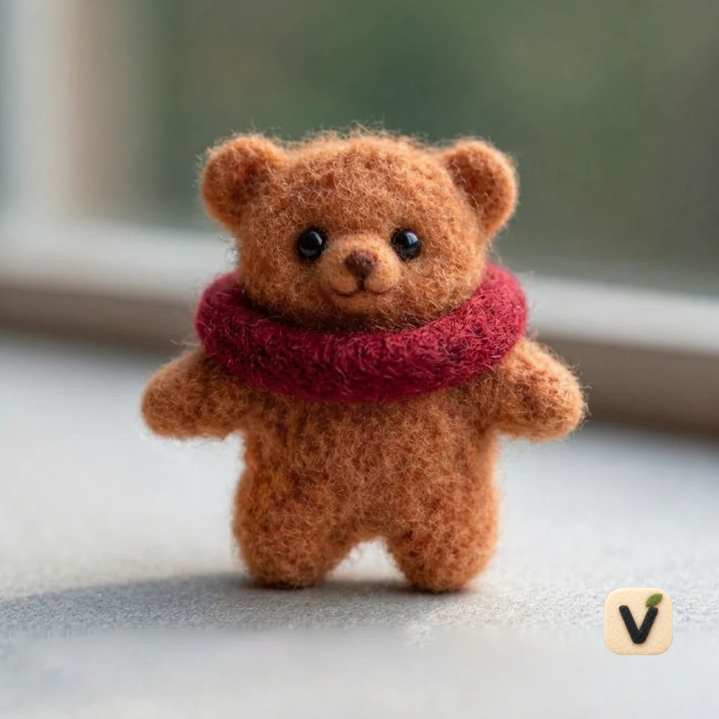 Handmade Wool Felt Teddy Bear with Red Velvet Ruffle Figurine – Cute Vintage Style Decor
