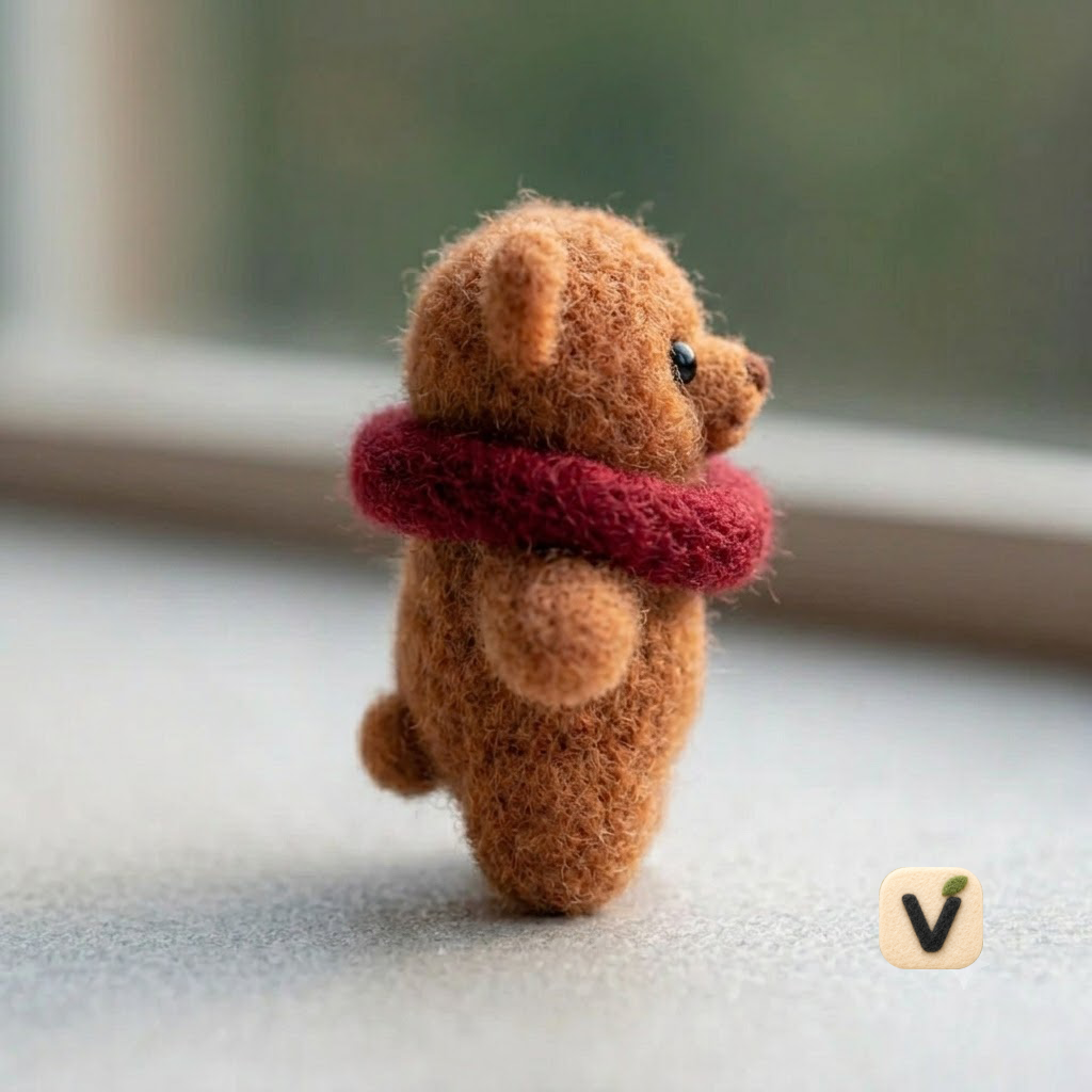 Handmade Wool Felt Teddy Bear with Red Velvet Ruffle Figurine – Cute Vintage Style Decor