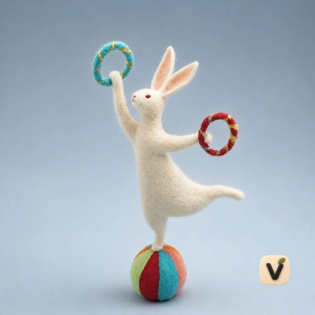 Handmade Wool Felt Circus Acrobat Rabbit Figurine – Whimsical Decor