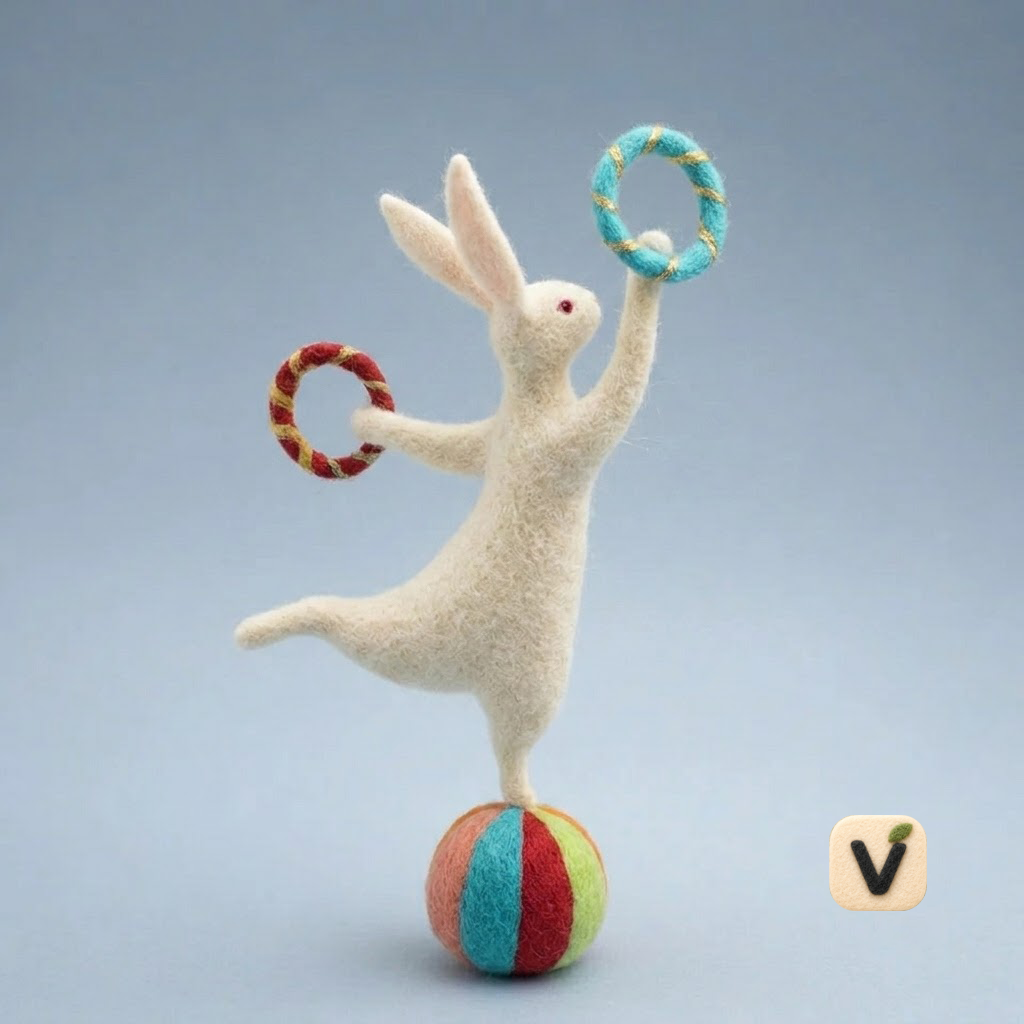 Handmade Wool Felt Circus Acrobat Rabbit Figurine – Whimsical Decor
