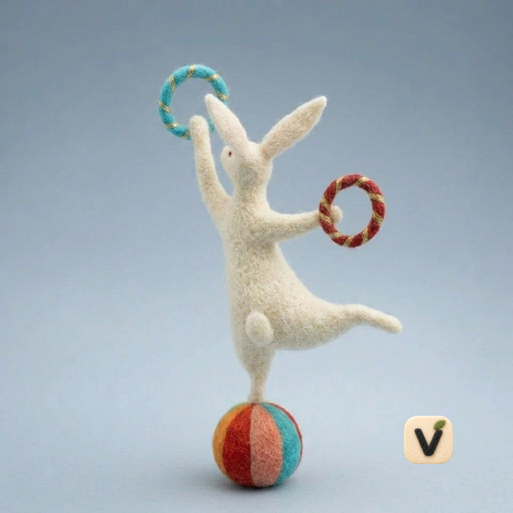 Handmade Wool Felt Circus Acrobat Rabbit Figurine – Whimsical Decor