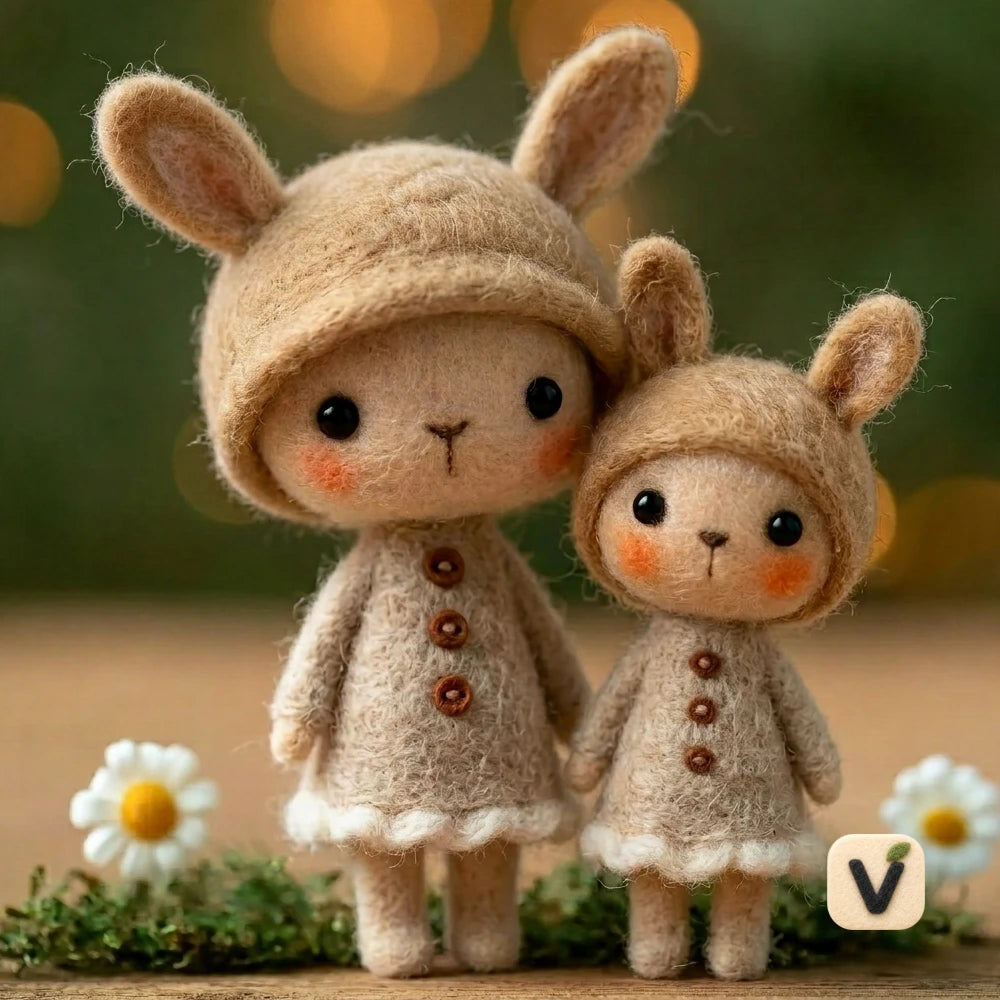 Handmade Wool Felt Parent and Child Bunny Pair with Matching Outfits – Warm Companion Desktop Ornament