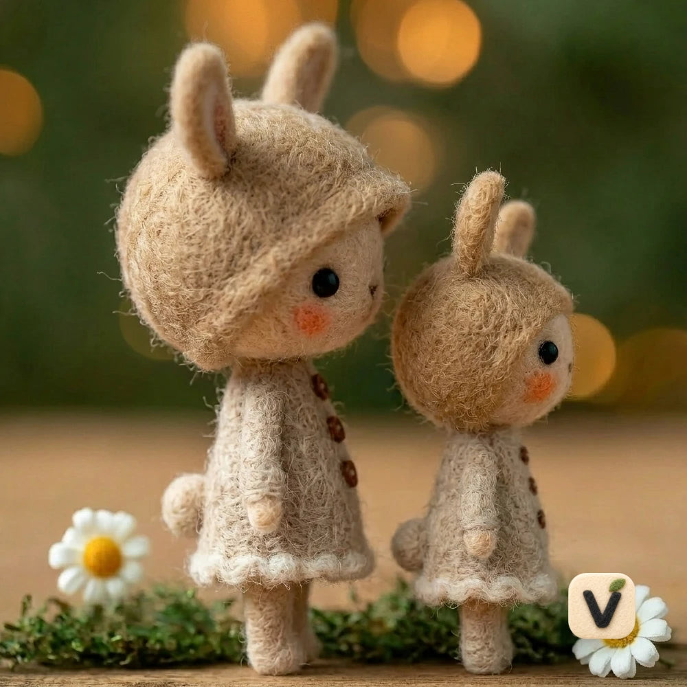 Handmade Wool Felt Parent and Child Bunny Pair with Matching Outfits – Warm Companion Desktop Ornament