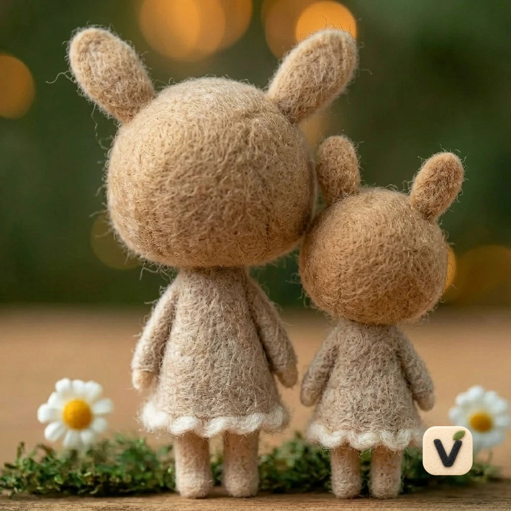 Handmade Wool Felt Parent and Child Bunny Pair with Matching Outfits – Warm Companion Desktop Ornament