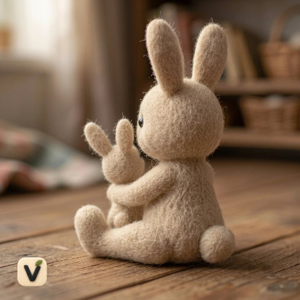 Handmade Wool Felt Mother and Baby Bunny Figurine Set – Warm Family Rabbit Desktop Decor