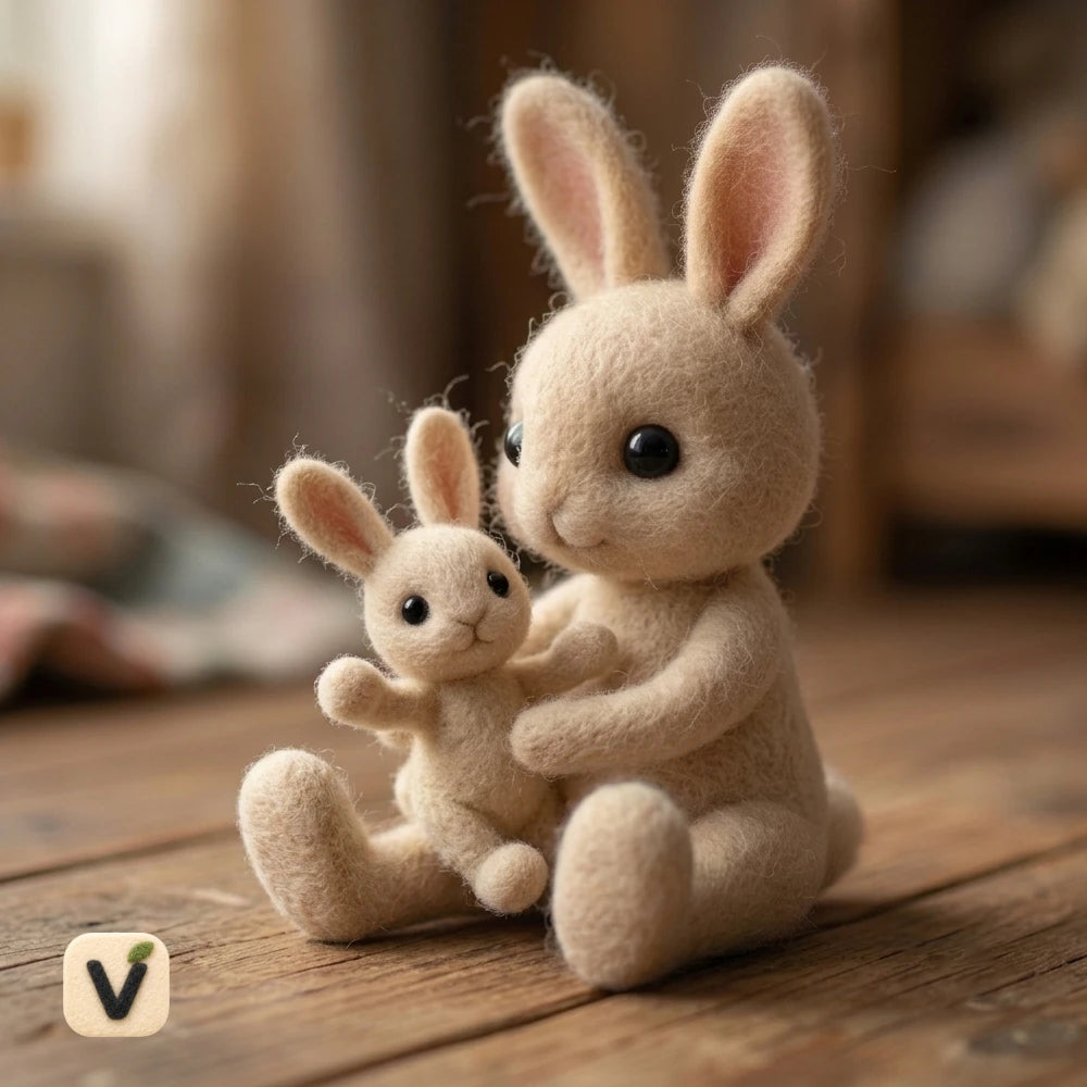 Handmade Wool Felt Mother and Baby Bunny Figurine Set – Warm Family Rabbit Desktop Decor