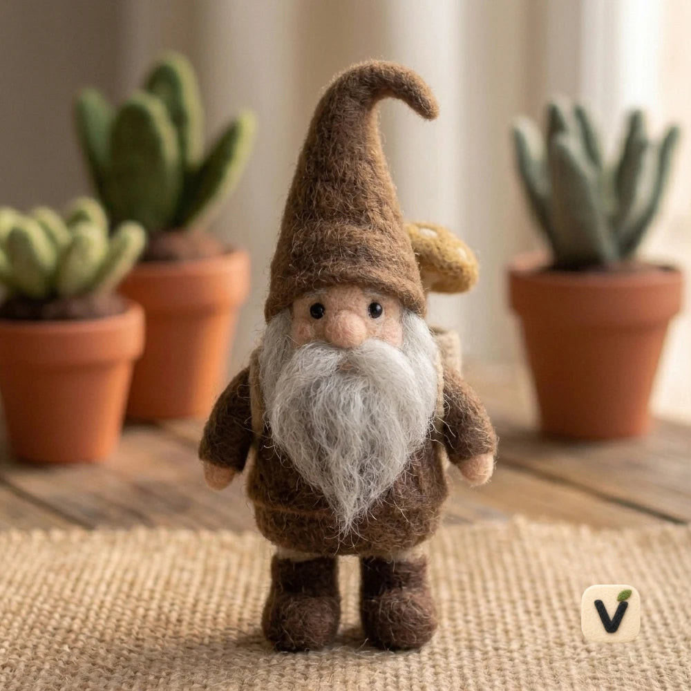 Handmade Wool Felt Forest Gnome with Backpack Mushroom – Rustic Forest Style Desktop Ornament