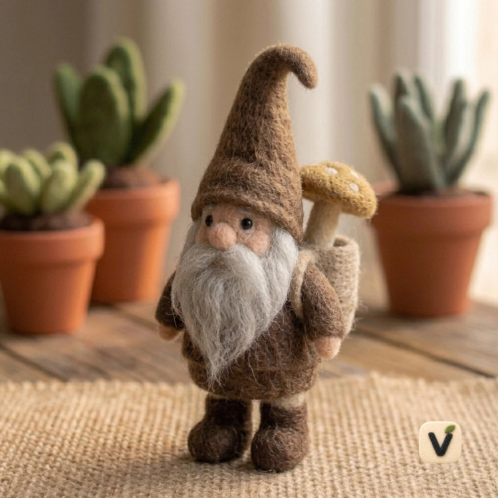 Handmade Wool Felt Forest Gnome with Backpack Mushroom – Rustic Forest Style Desktop Ornament