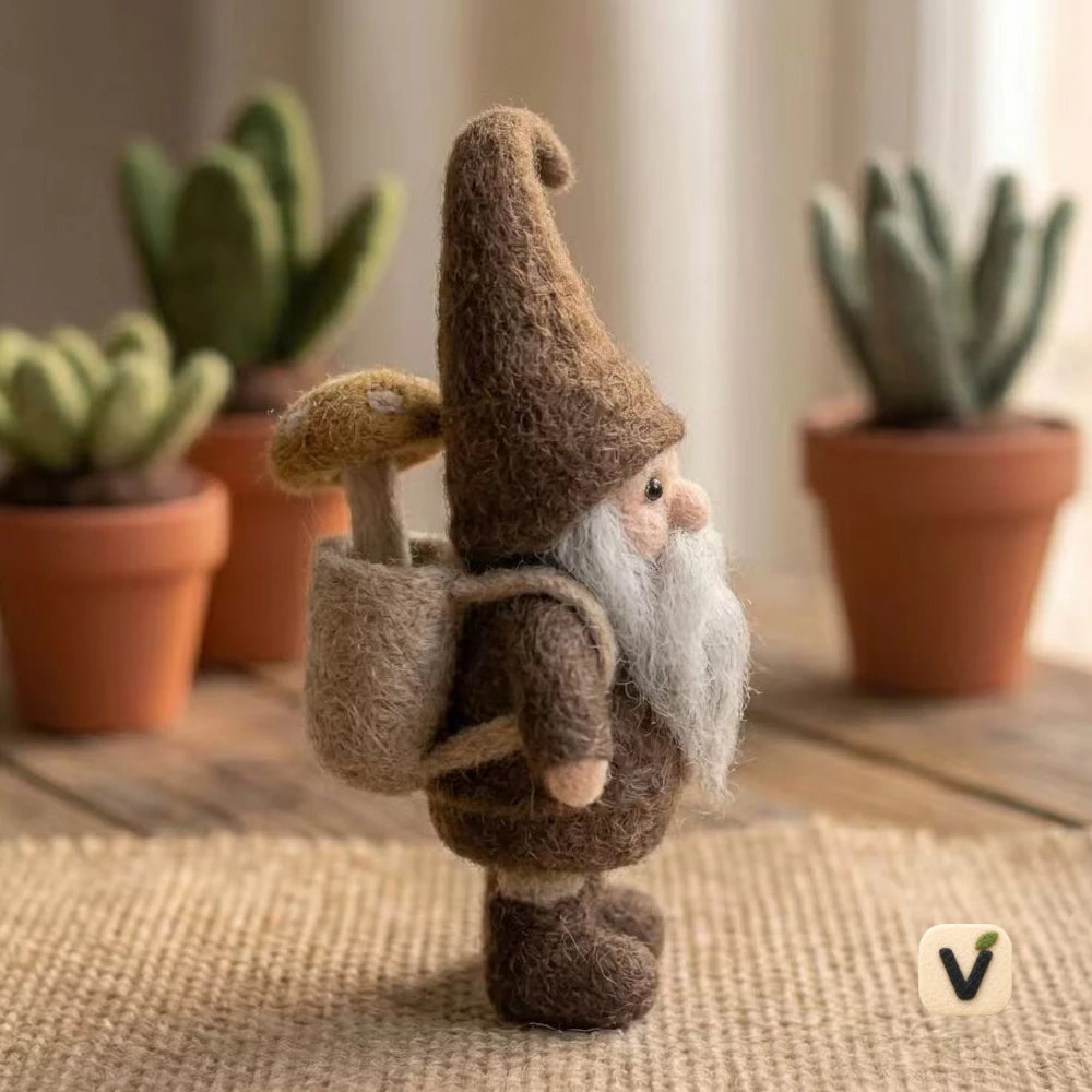 Handmade Wool Felt Forest Gnome with Backpack Mushroom – Rustic Forest Style Desktop Ornament