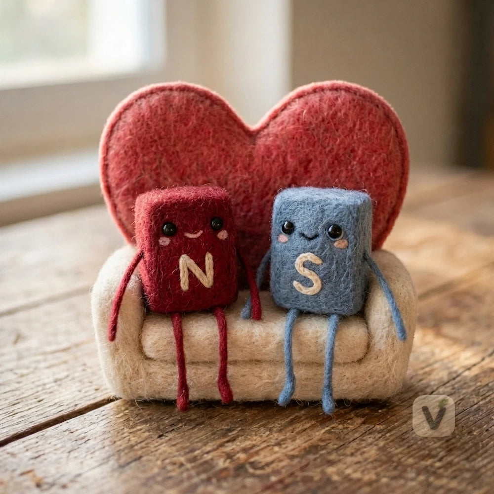 Handmade Wool Felt North & South Magnet Couple Figurine with Heart Sofa – Romantic Love Desktop Decor