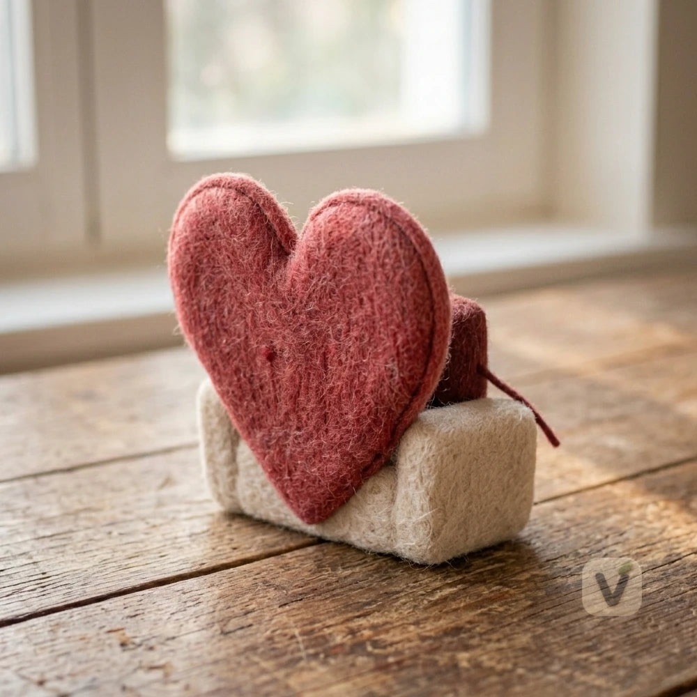 Handmade Wool Felt North & South Magnet Couple Figurine with Heart Sofa – Romantic Love Desktop Decor