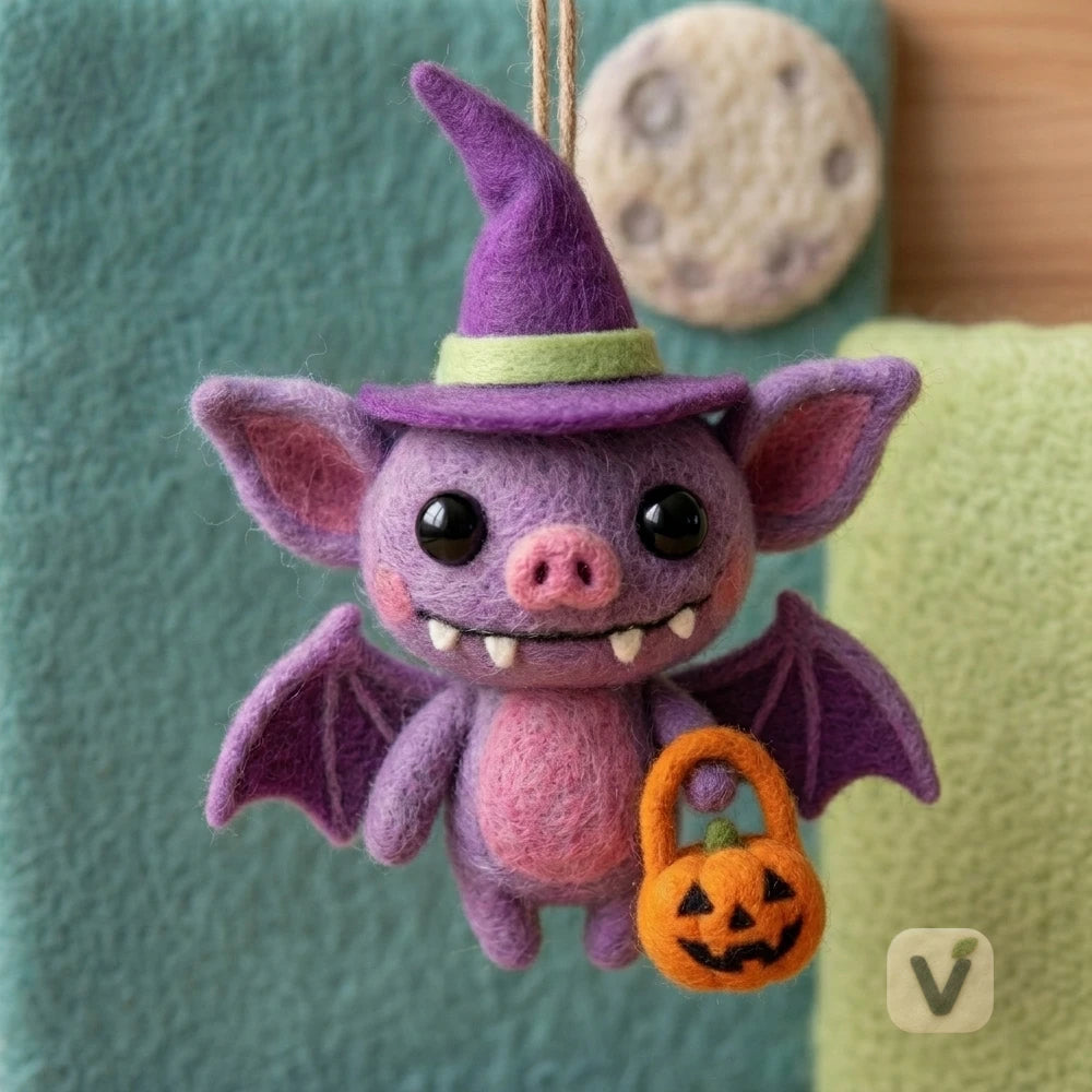 Handmade Wool Felt Halloween Bat Pig Wizard Hanging Ornament with Pumpkin Bucket – Holiday Decor