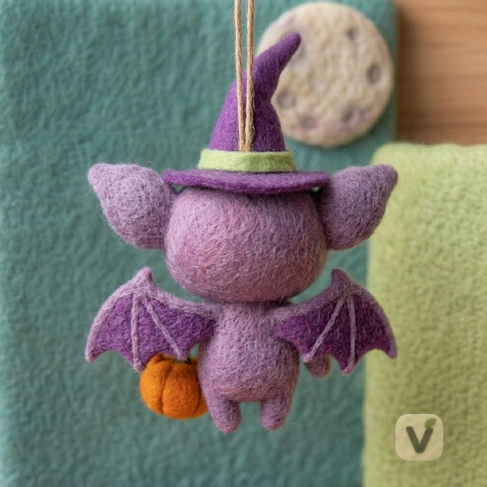 Handmade Wool Felt Halloween Bat Pig Wizard Hanging Ornament with Pumpkin Bucket – Holiday Decor