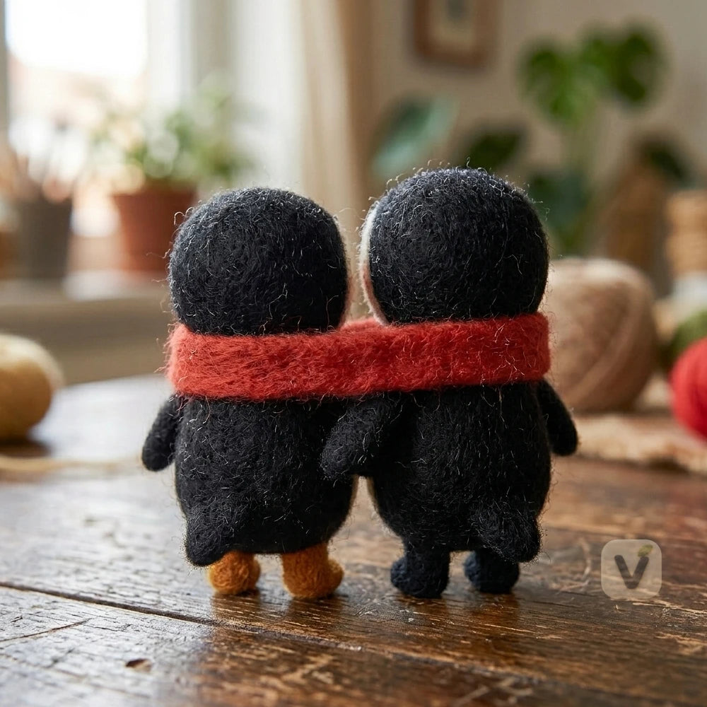 Handmade Wool Felt Couple Penguins Sharing One Red Scarf – Warm Companion Themed Desktop Ornament