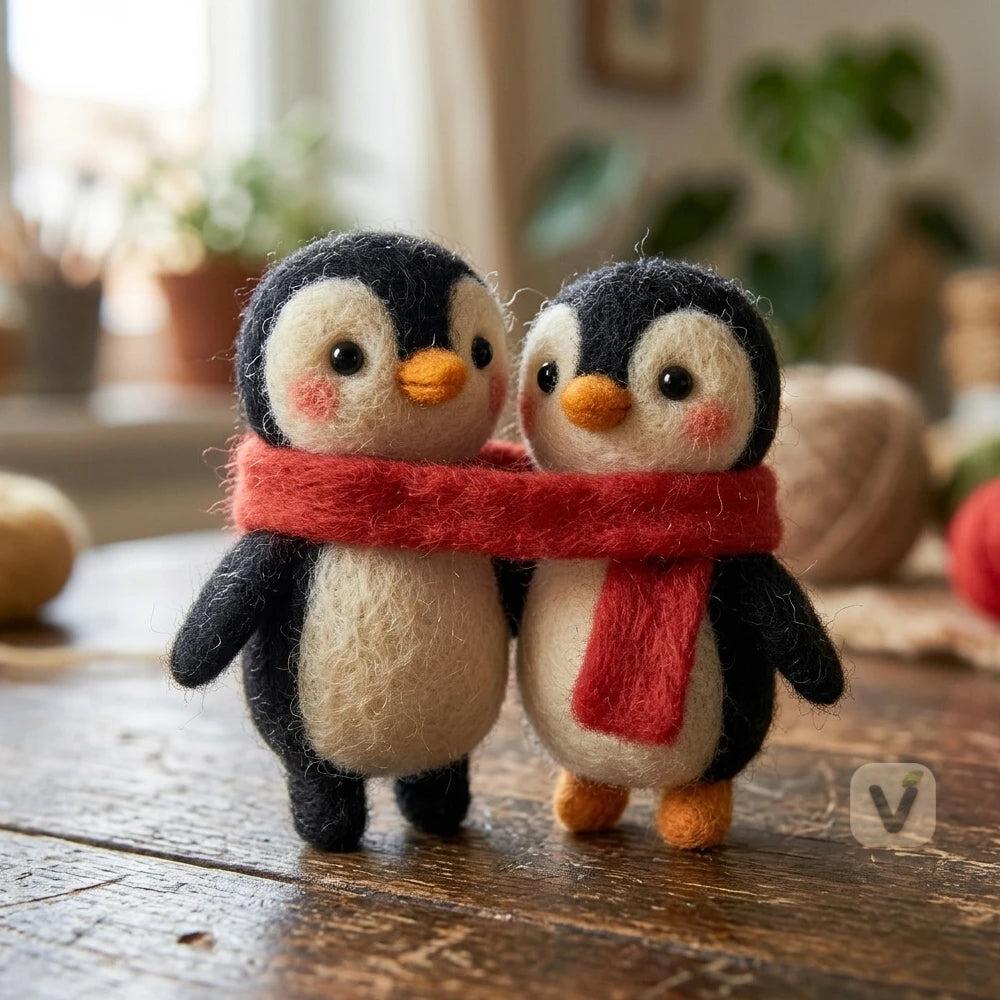 Handmade Wool Felt Couple Penguins Sharing One Red Scarf – Warm Companion Themed Desktop Ornament