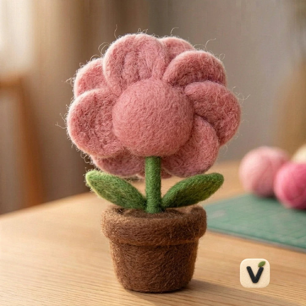 Handmade Wool Felt Cute Smiling Pink Rose Potted Figurine – Kawaii Mini Floral Table Decor