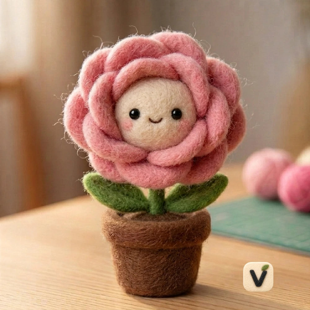 Handmade Wool Felt Cute Smiling Pink Rose Potted Figurine – Kawaii Mini Floral Table Decor