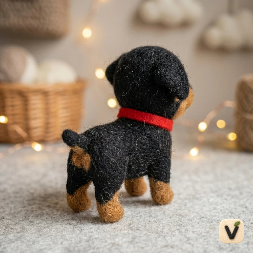 Handmade Wool Felt Rottweiler Puppy Figurine with Red Collar – Cute Realistic Pet Decor