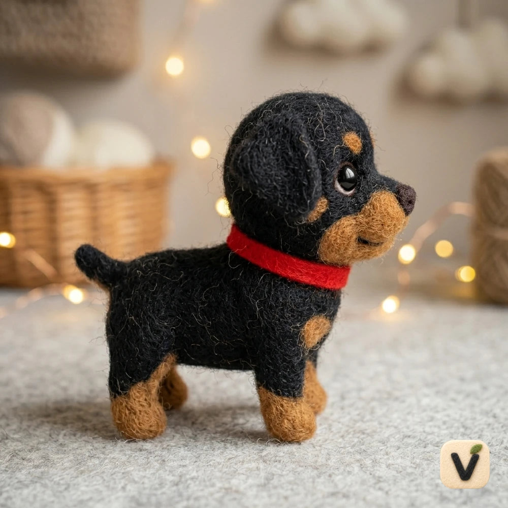 Handmade Wool Felt Rottweiler Puppy Figurine with Red Collar – Cute Realistic Pet Decor