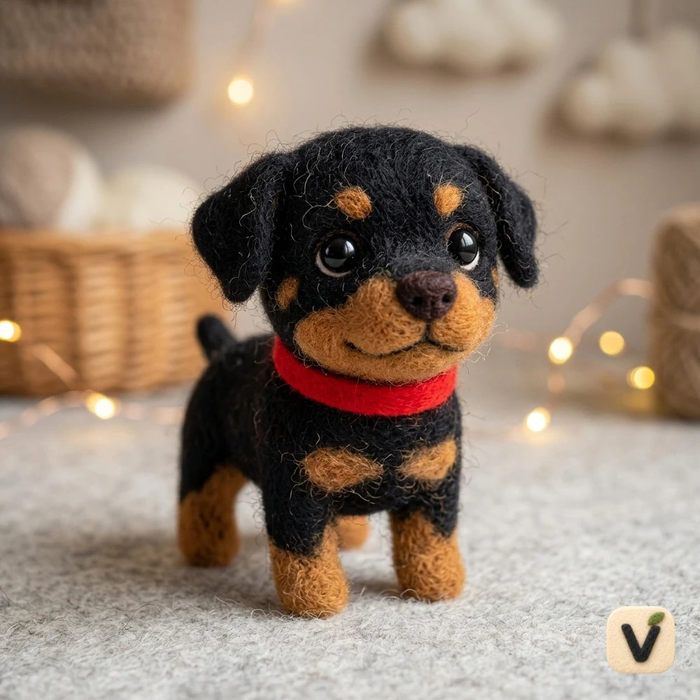 Handmade Wool Felt Rottweiler Puppy Figurine with Red Collar – Cute Realistic Pet Decor