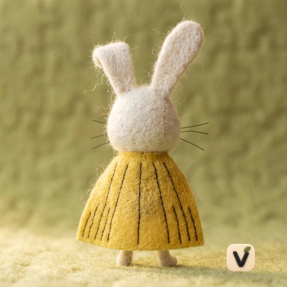 Handmade Wool Felt Grumpy Super Bunny Figurine with Yellow Striped Cape – Cartoon Hero Rabbit Table Decor
