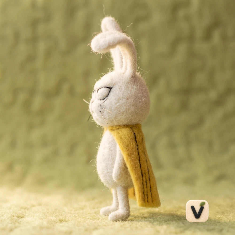 Handmade Wool Felt Grumpy Super Bunny Figurine with Yellow Striped Cape – Cartoon Hero Rabbit Table Decor