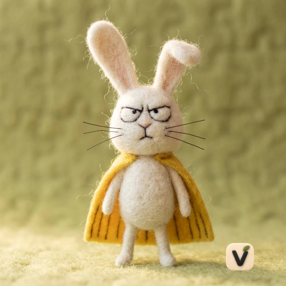 Handmade Wool Felt Grumpy Super Bunny Figurine with Yellow Striped Cape – Cartoon Hero Rabbit Table Decor