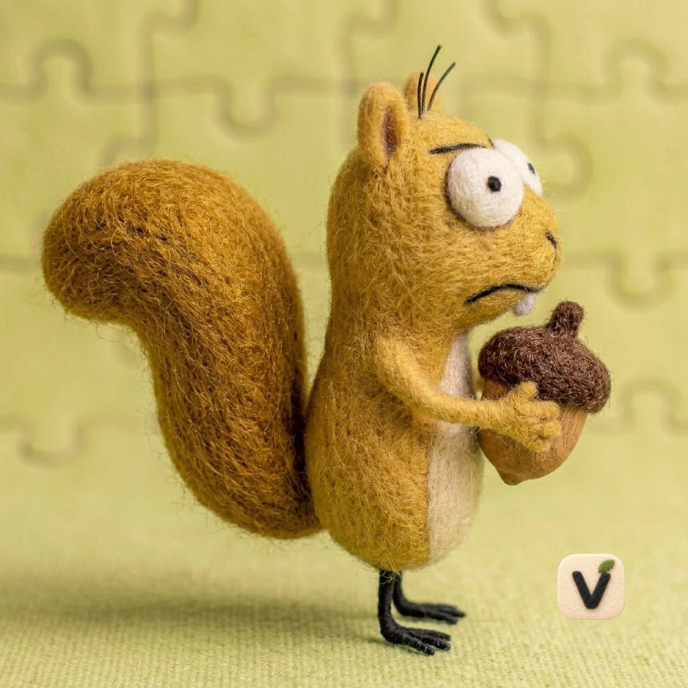 Handmade Wool Felt Grumpy Squirrel Figurine Holding Acorn – Funny Forest Animal Desktop Decor