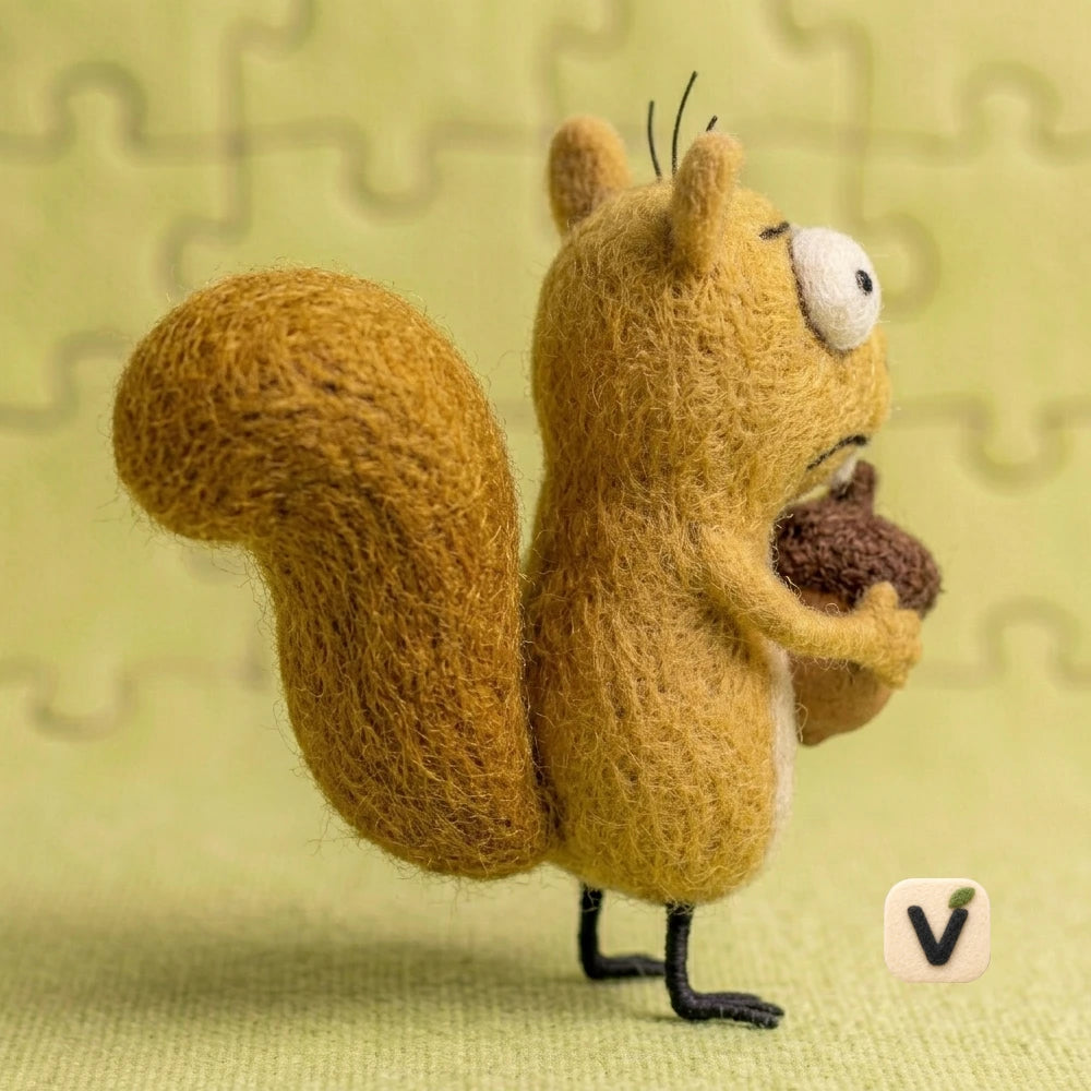 Handmade Wool Felt Grumpy Squirrel Figurine Holding Acorn – Funny Forest Animal Desktop Decor