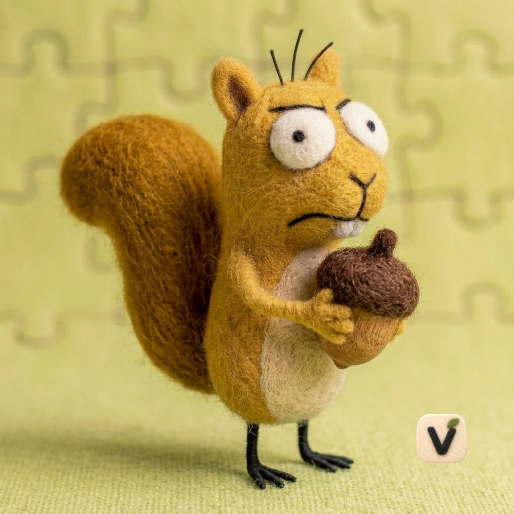 Handmade Wool Felt Grumpy Squirrel Figurine Holding Acorn – Funny Forest Animal Desktop Decor