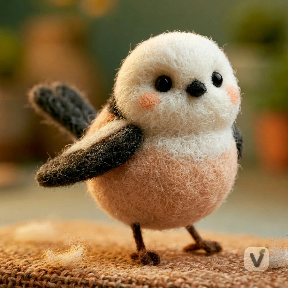 Handmade Wool Felt Chubby Blush Long-tailed Tit Bird – Cute Wildlife Desktop Ornament