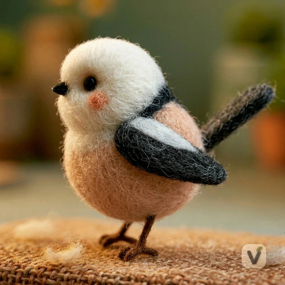 Handmade Wool Felt Chubby Blush Long-tailed Tit Bird – Cute Wildlife Desktop Ornament