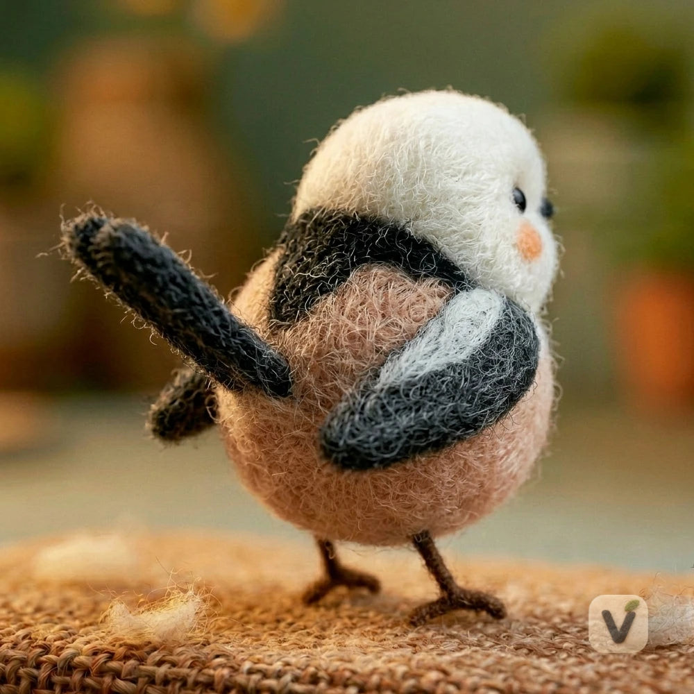 Handmade Wool Felt Chubby Blush Long-tailed Tit Bird – Cute Wildlife Desktop Ornament