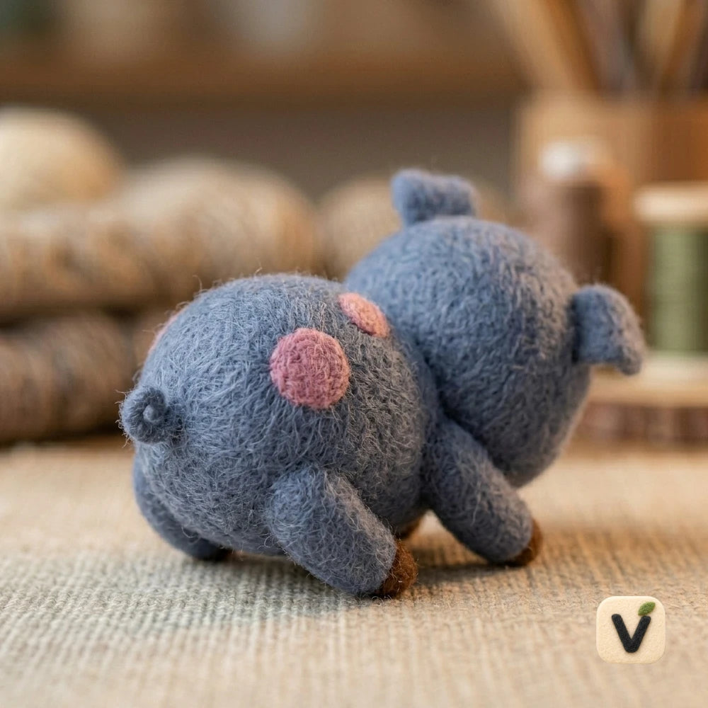Handmade Wool Felt Sleeping Blue Spotted Pig Figurine – Cozy Farm Animal Table Decor