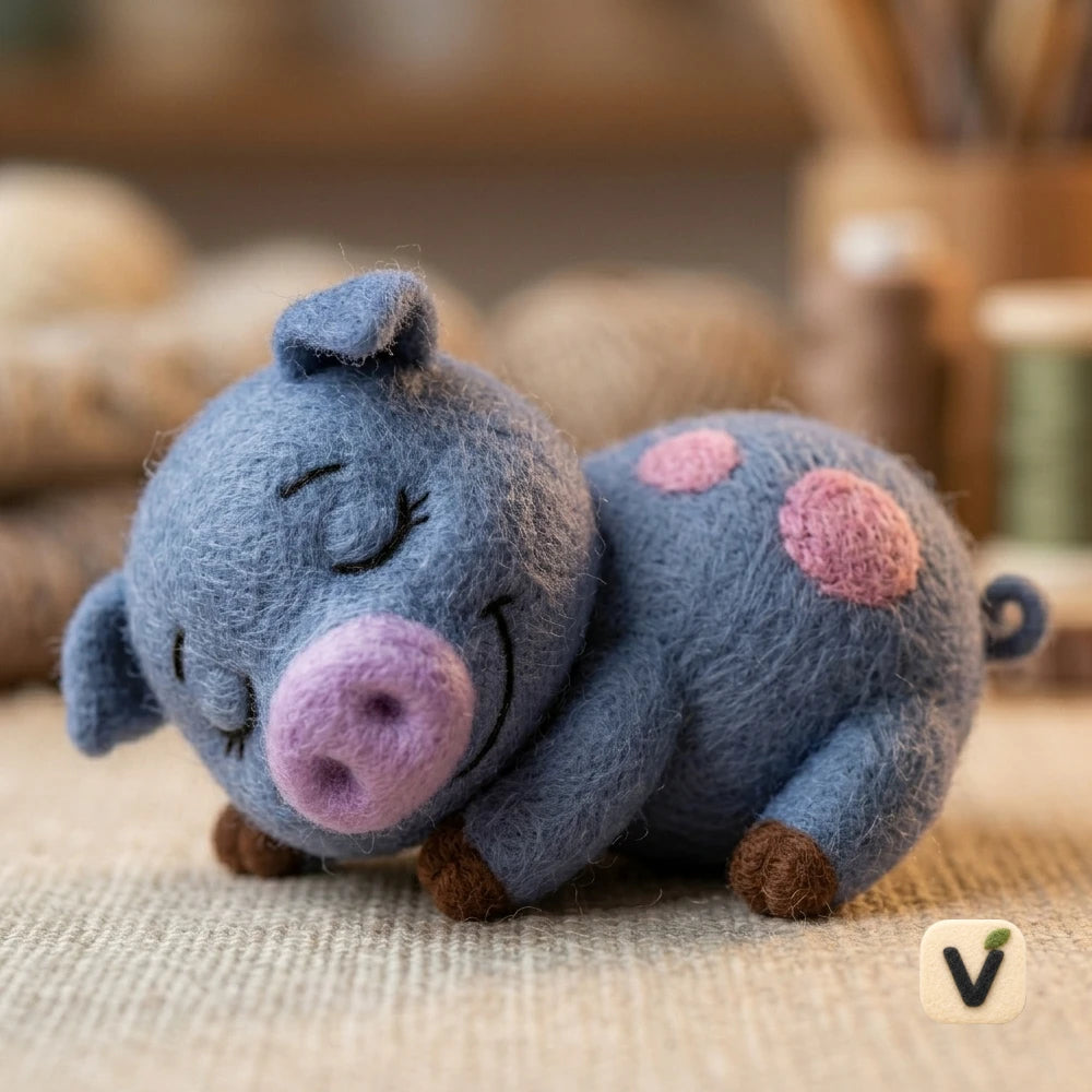 Handmade Wool Felt Sleeping Blue Spotted Pig Figurine – Cozy Farm Animal Table Decor