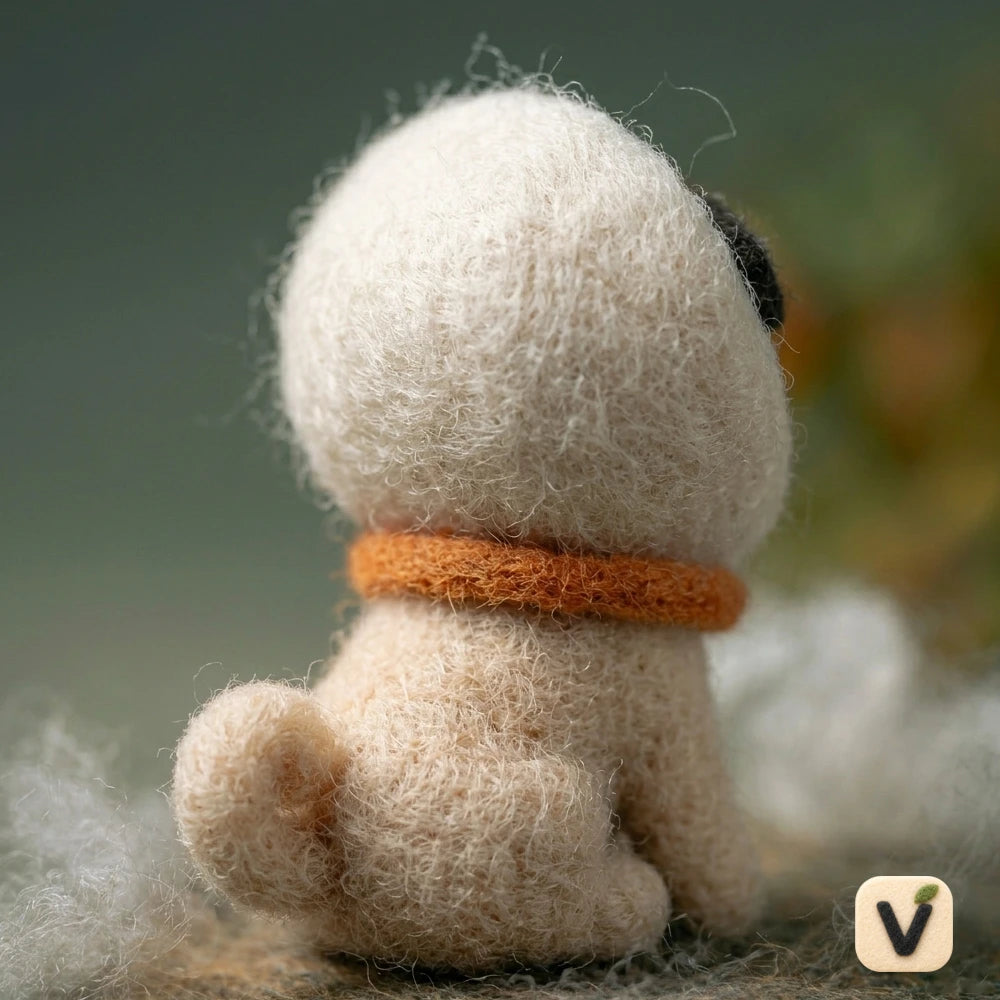 Handmade Wool Felt Pug Puppy Figurine with White Donut Hood & Orange Collar – Cute Pet Table Decor