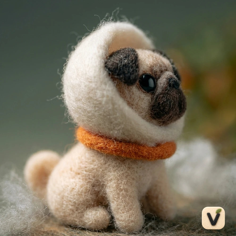 Handmade Wool Felt Pug Puppy Figurine with White Donut Hood & Orange Collar – Cute Pet Table Decor