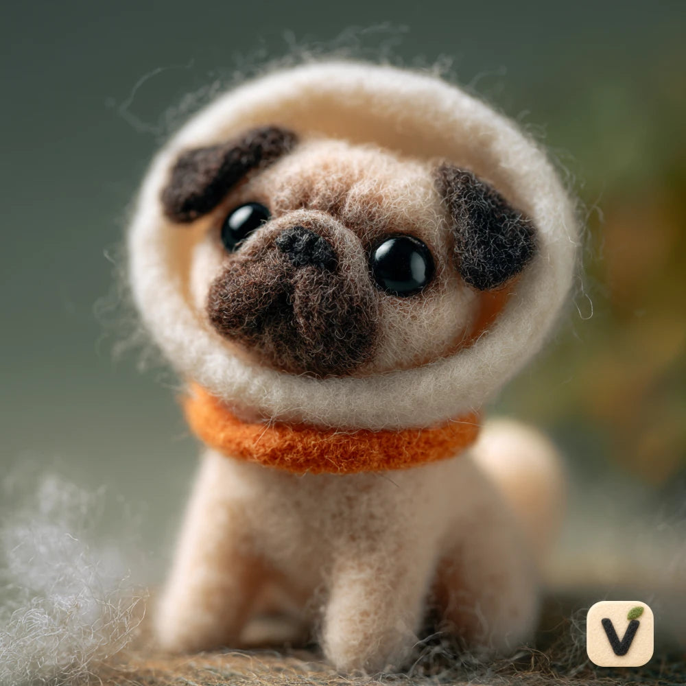 Handmade Wool Felt Pug Puppy Figurine with White Donut Hood & Orange Collar – Cute Pet Table Decor
