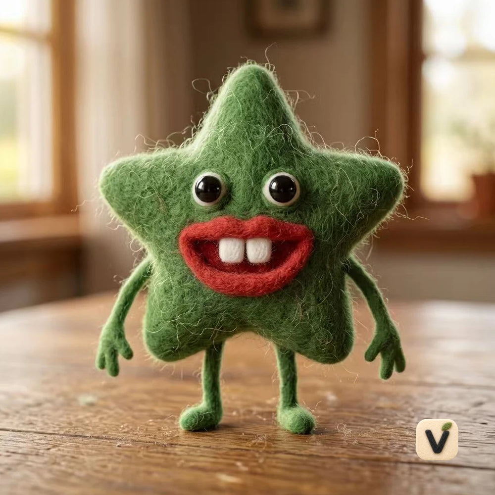 Handmade Wool Felt Funny Green Five-pointed Star Character with Big Mouth – Whimsical Desktop Ornament