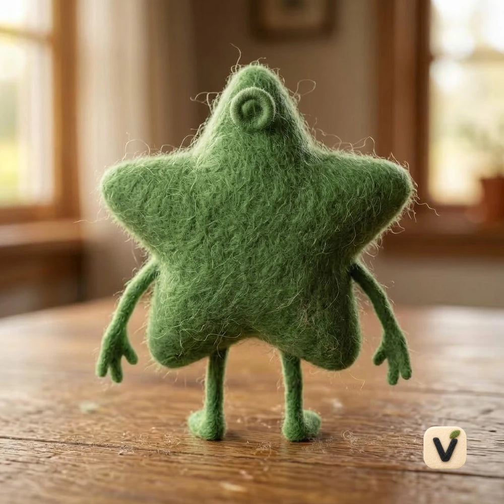 Handmade Wool Felt Funny Green Five-pointed Star Character with Big Mouth – Whimsical Desktop Ornament
