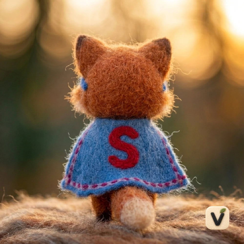 Handmade Wool Felt Winking Super Fox Figurine with Blue Mask & Cape – Cute Superhero Animal Desktop Decor