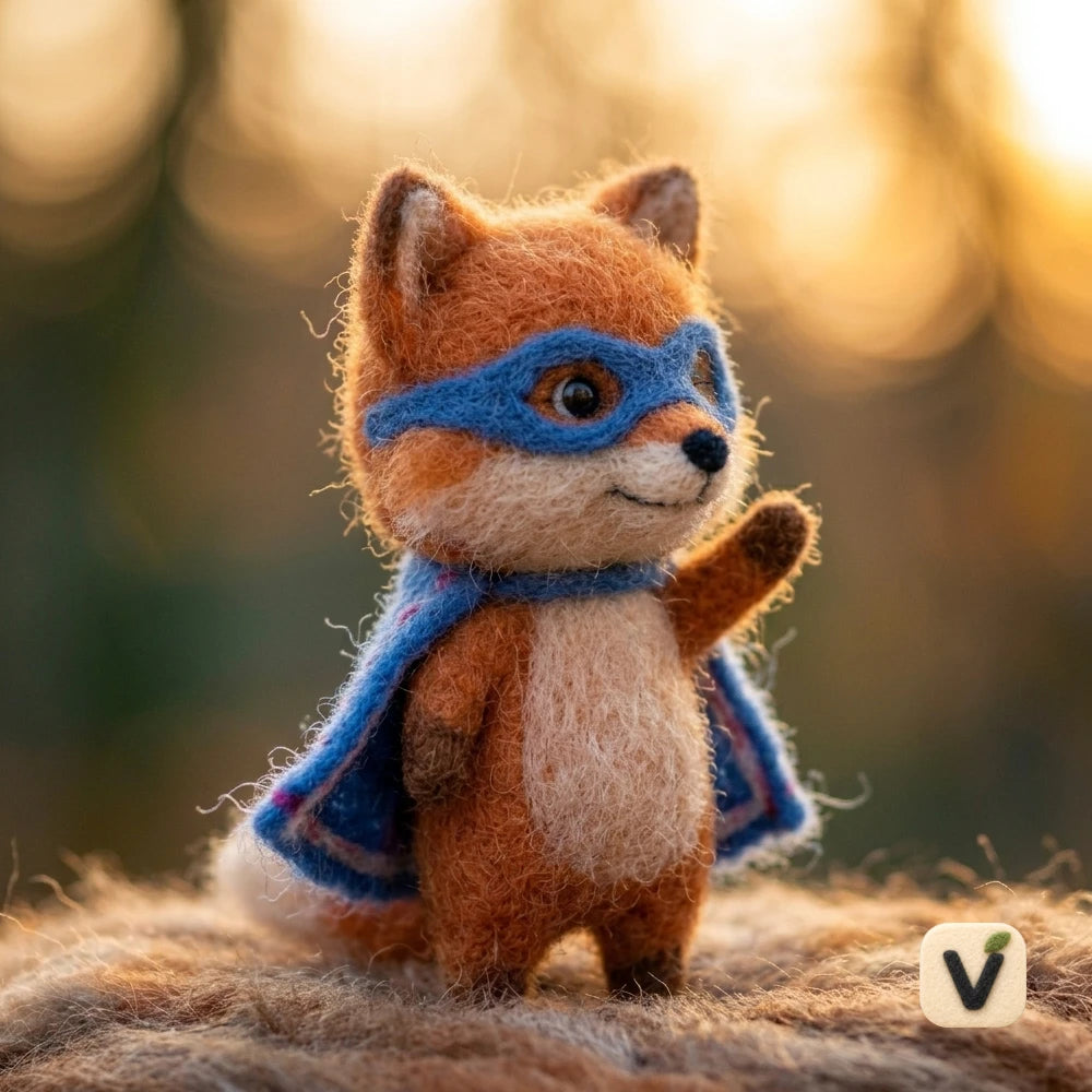 Handmade Wool Felt Winking Super Fox Figurine with Blue Mask & Cape – Cute Superhero Animal Desktop Decor