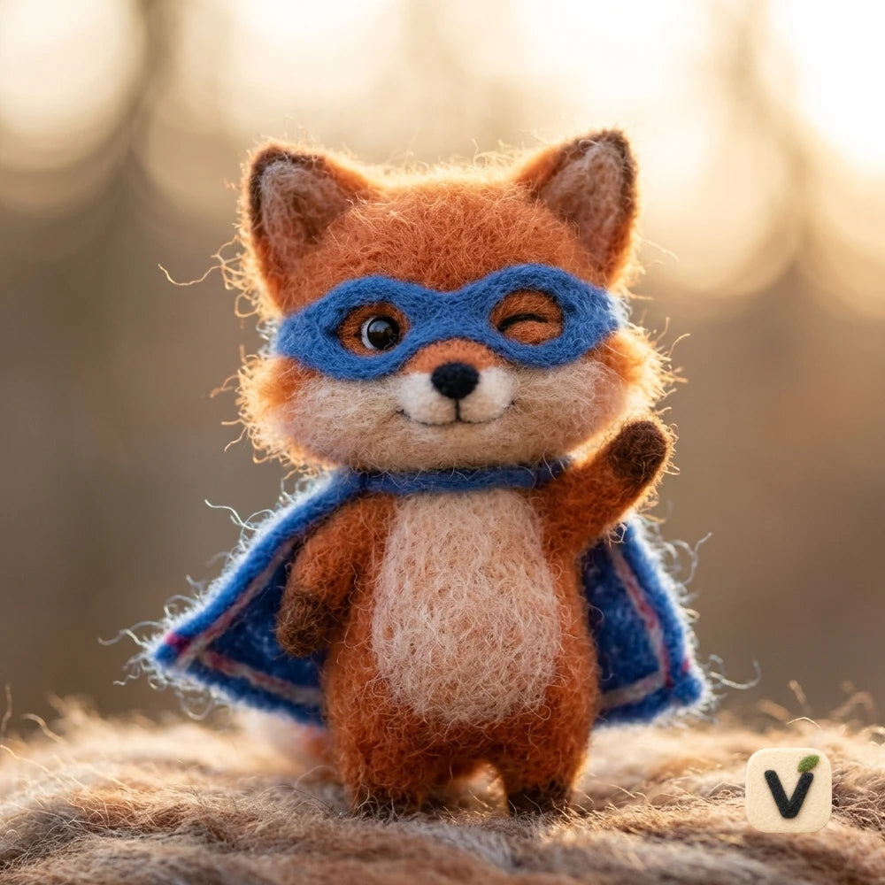 Handmade Wool Felt Winking Super Fox Figurine with Blue Mask & Cape – Cute Superhero Animal Desktop Decor