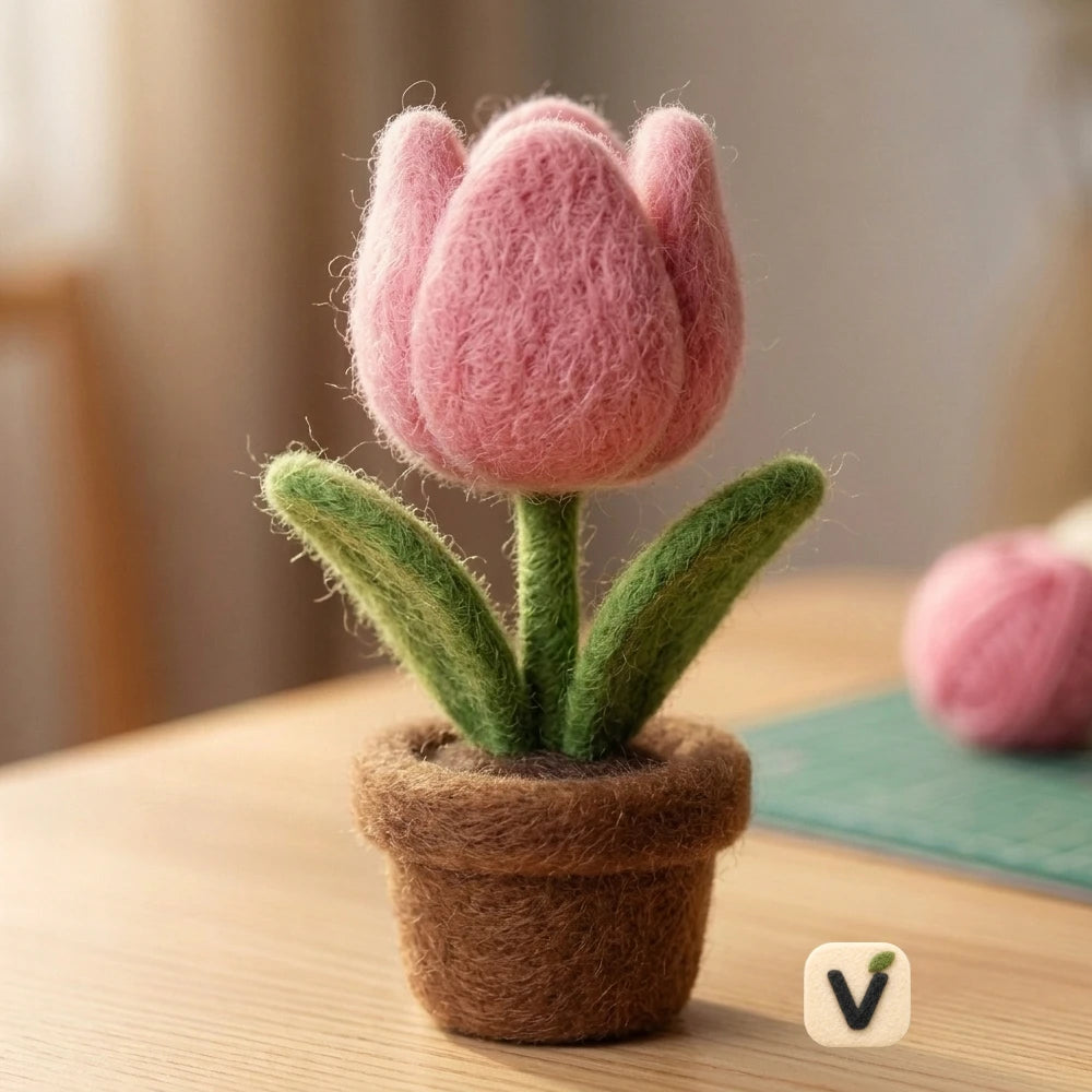 Handmade Wool Felt Cute Smiling Pink Tulip Potted Figurine – Kawaii Mini Floral Tabletop Decor