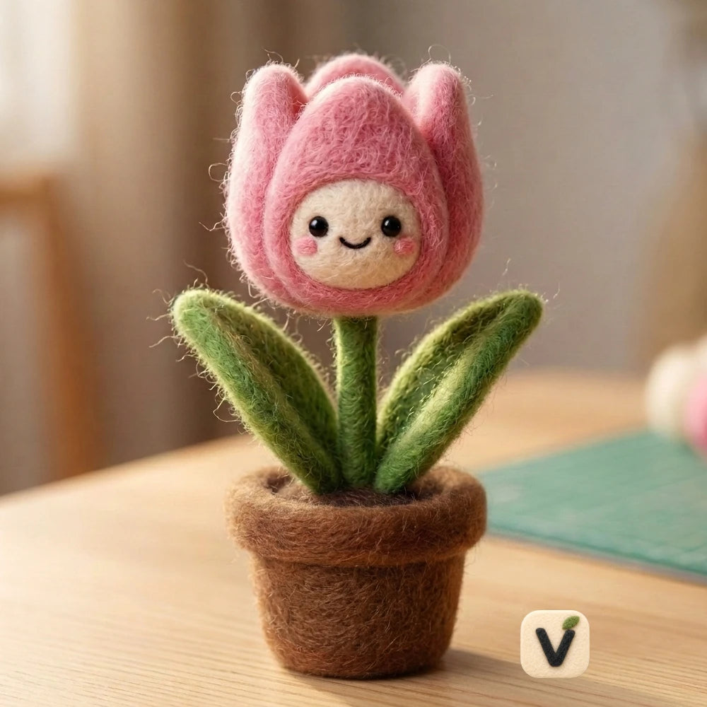 Handmade Wool Felt Cute Smiling Pink Tulip Potted Figurine – Kawaii Mini Floral Tabletop Decor