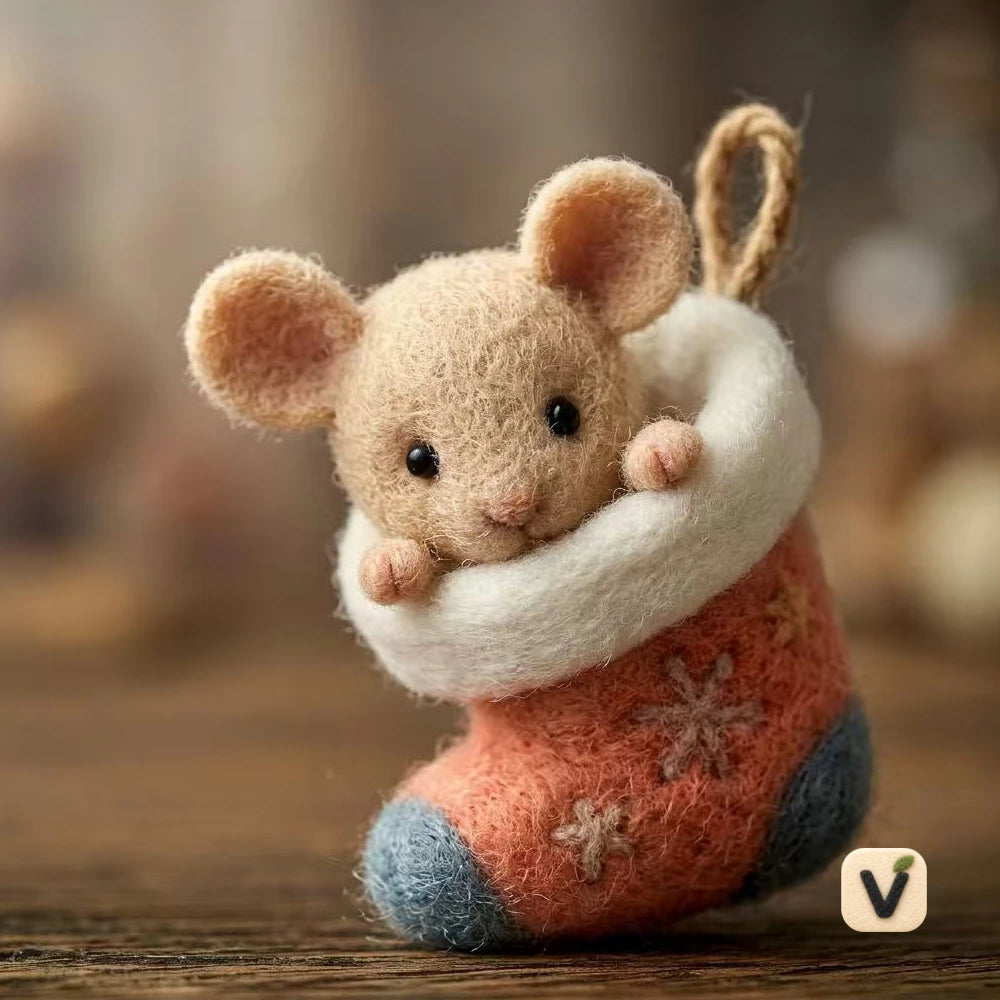 Handmade Wool Felt Little Mouse Inside Christmas Stocking – Holiday Hanging Ornament