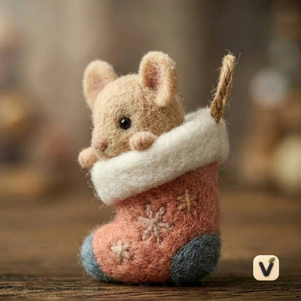 Handmade Wool Felt Little Mouse Inside Christmas Stocking – Holiday Hanging Ornament