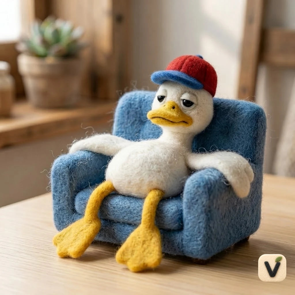Handmade Wool Felt Lazy Duck with Baseball Cap on Mini Blue Sofa – Desktop Scene Ornament