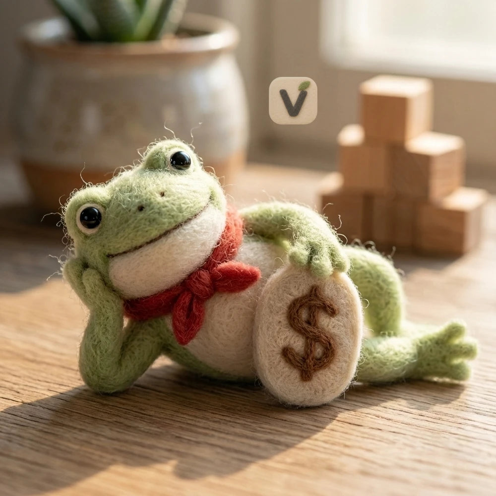 Handmade Wool Felt Lucky Money Frog Figurine with Red Scarf and Dollar Sign Coin – Desktop Decor Ornament